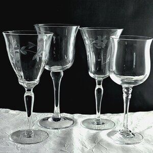 4 Mismatched Etched Glass Fine Wine Glasses midcentury fancy assorted glassware